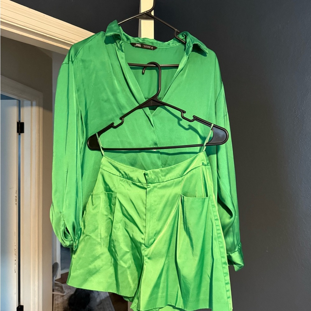 Zara Green High Waist Shorts and button down set